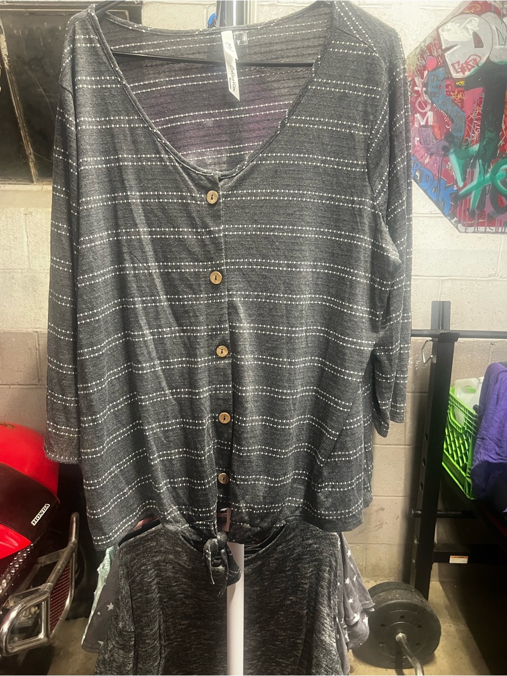 NY Collection Black & White Striped Button-Front Tie-Hem Top